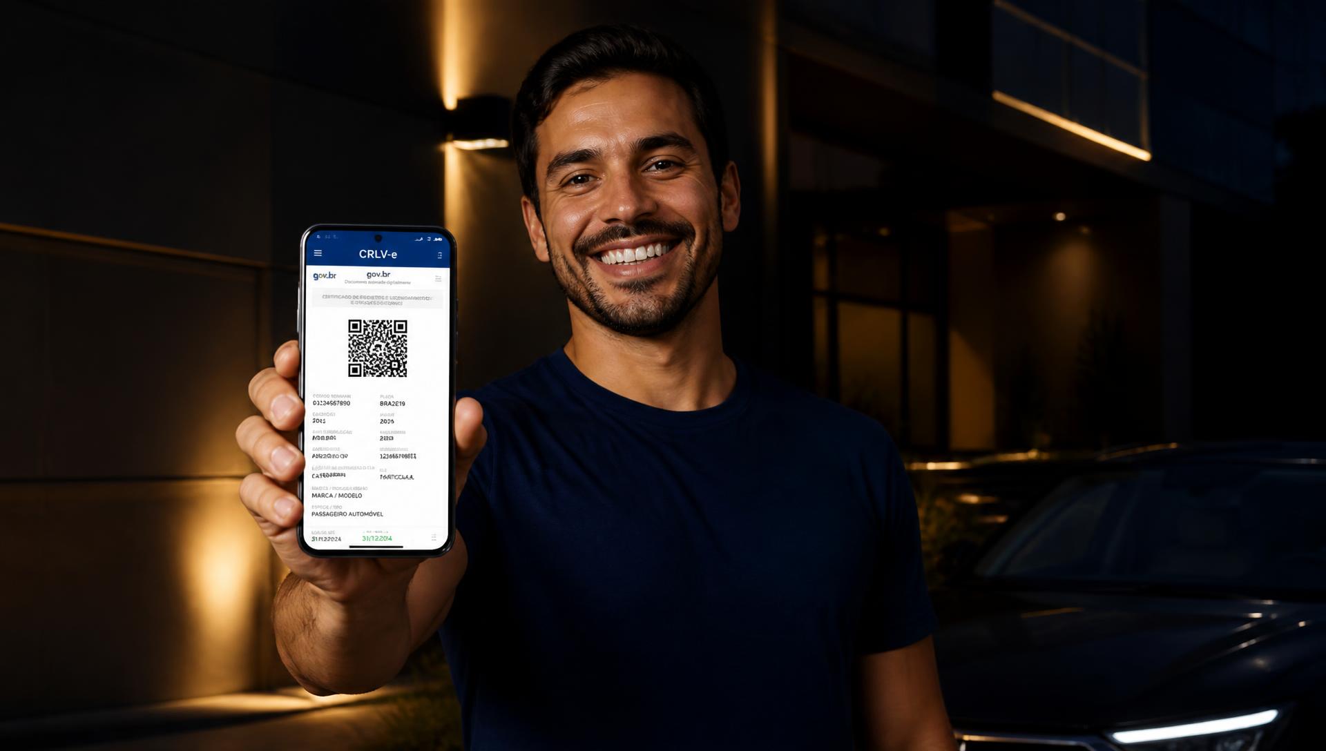 Cliente sorridente exibindo o CRLV-e digital com QR Code no celular ao lado do seu veículo